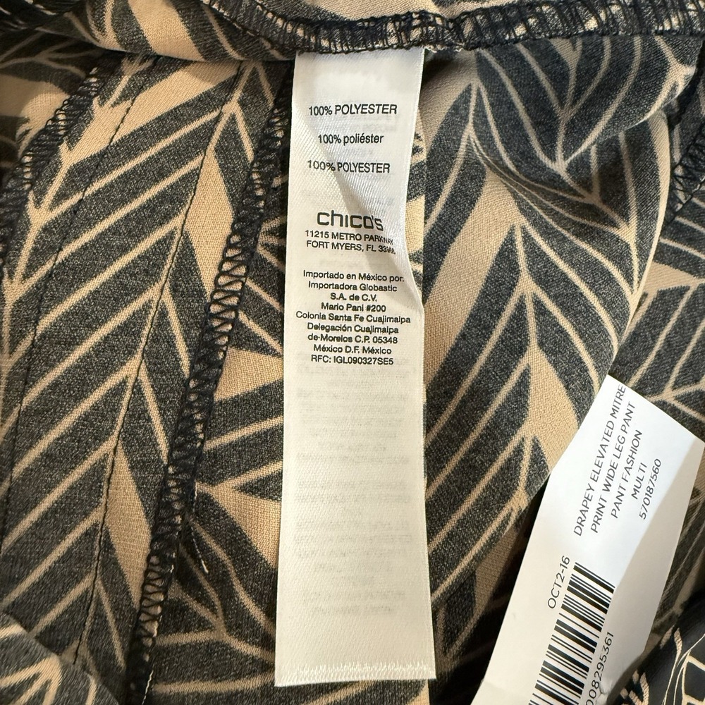 Chicos Wide Leg Pants Womens 00 XS Black Tan Miter Print Stretch Career New - Picture 9 of 10